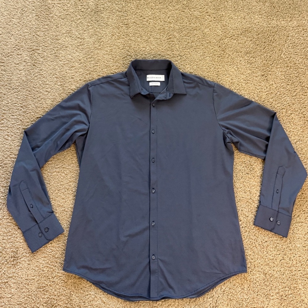Mizzen+Main Mens Large Standard Fit Leeward Navy Blue Performance Dress Shirt